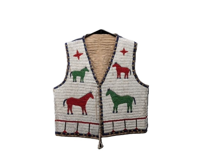 beaded vest with horse and star patterns on a white background