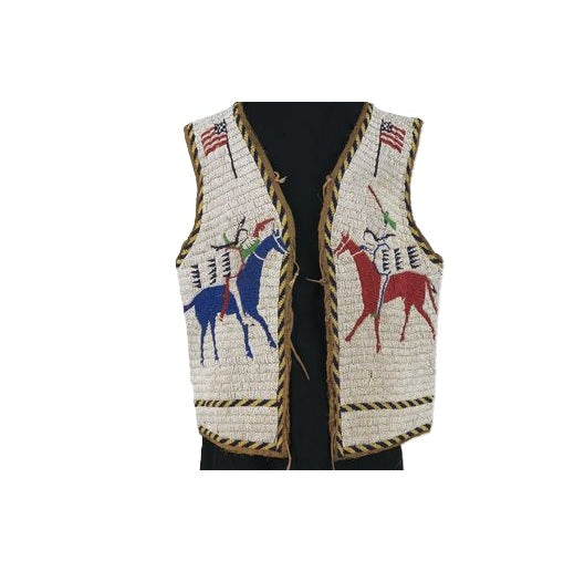 Decorative vest with beadwork and horse designs on a white background