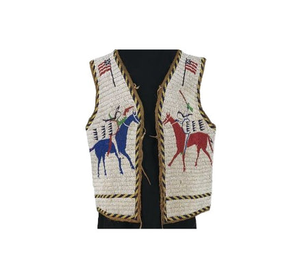 Decorative vest with beadwork and horse designs on a white background