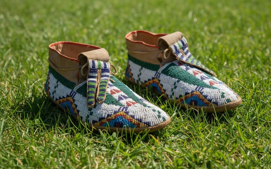 Pair of Handmade beaded moccasins on a grassy background