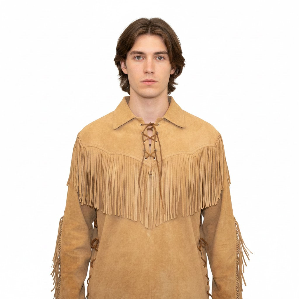 Man wearing a tan fringed shirt on a white background