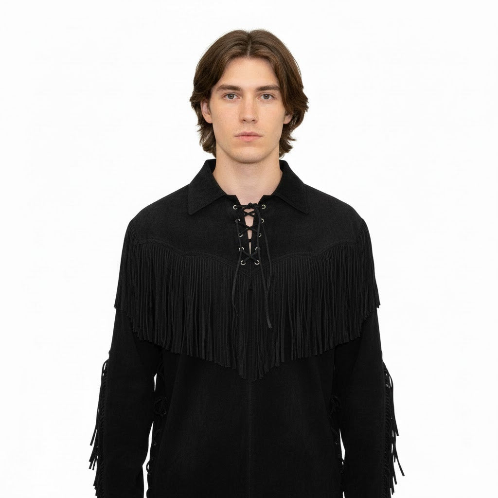 Man wearing a black fringed jacket on a white background