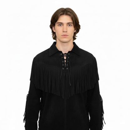 Man wearing a black fringed jacket on a white background