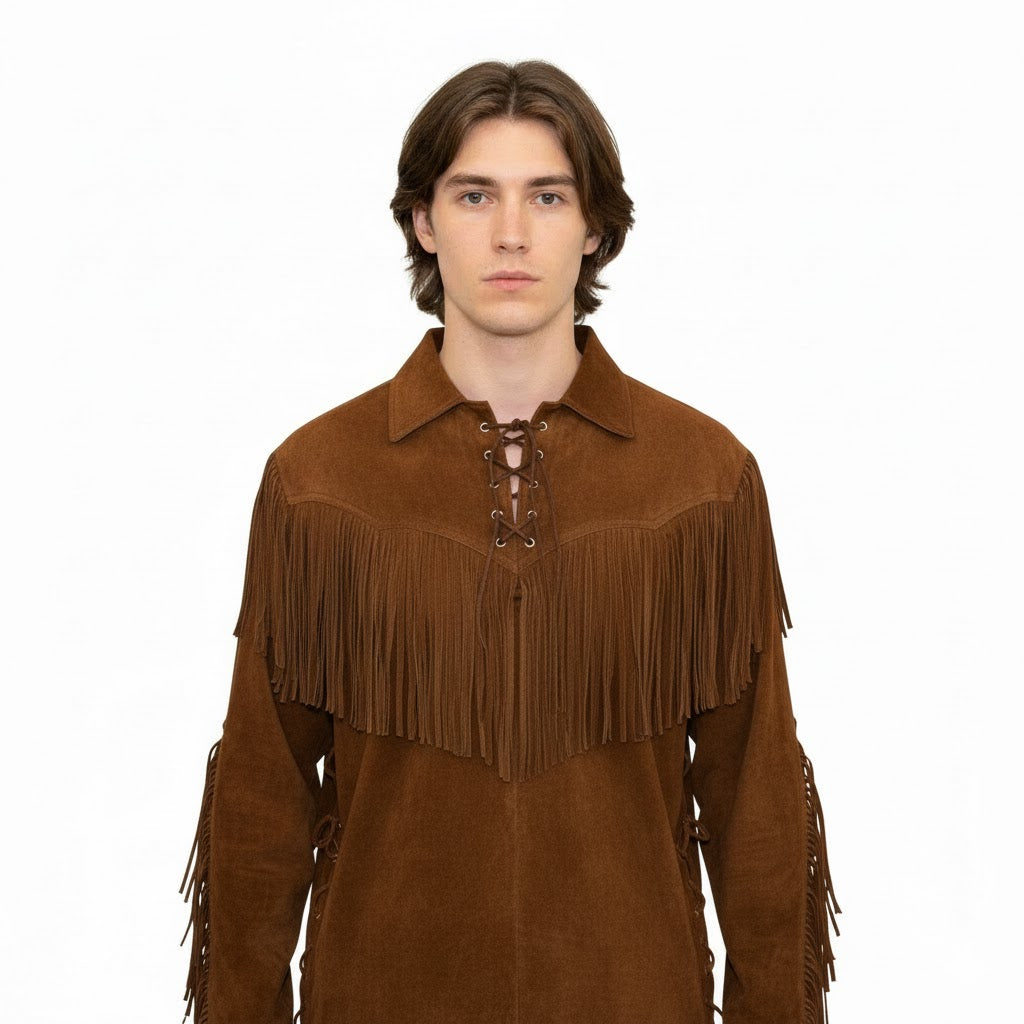 Man wearing a brown suede fringe jacket on a white background