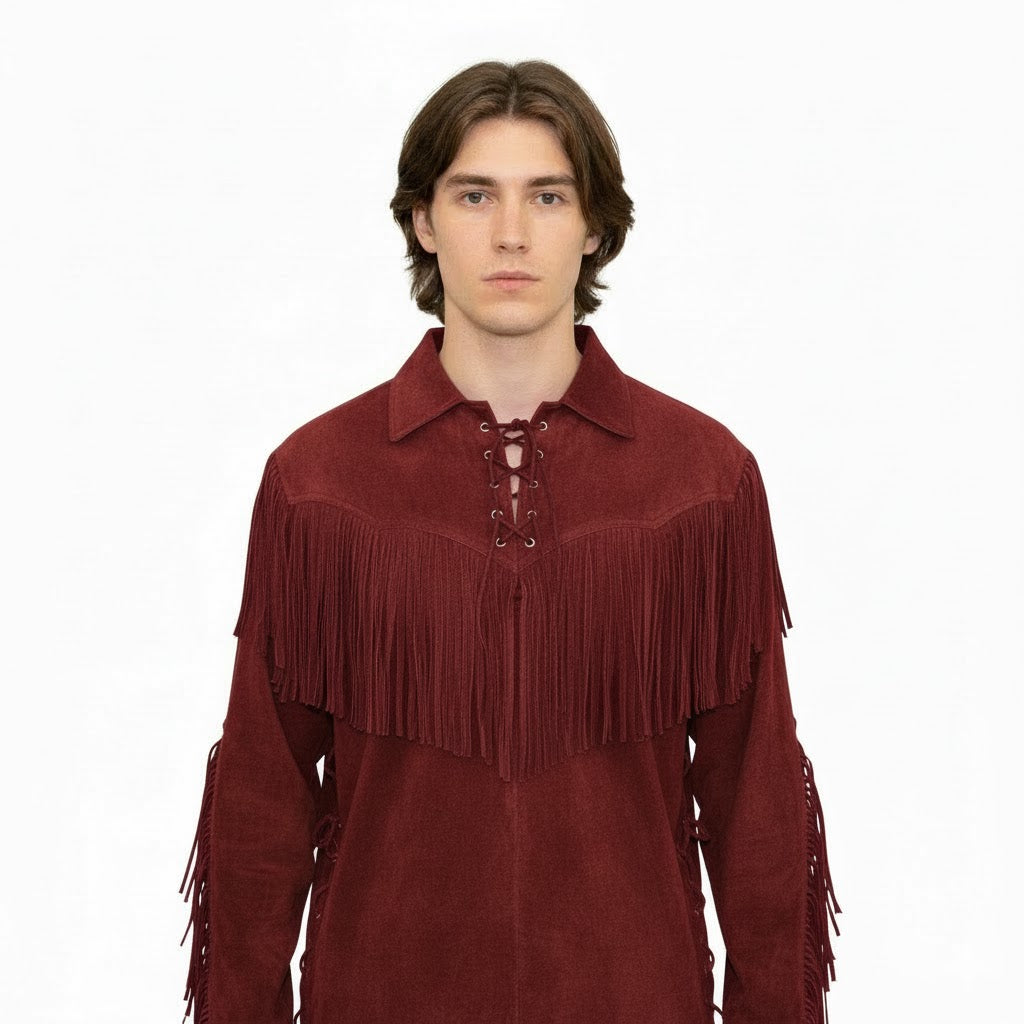 Man wearing a red fringed shirt on a white background