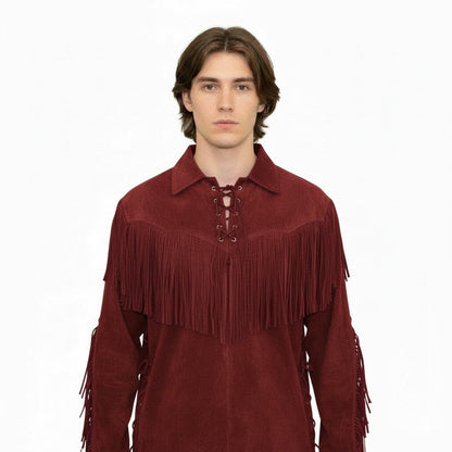 Man wearing a red fringed shirt on a white background