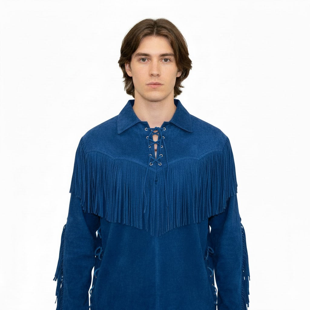 Man wearing a blue fringed shirt on a white background