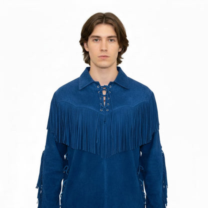 Man wearing a blue fringed shirt on a white background