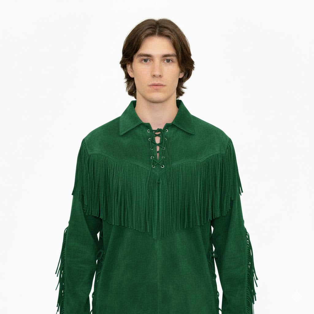 Green fringed shirt worn by a person on a white background