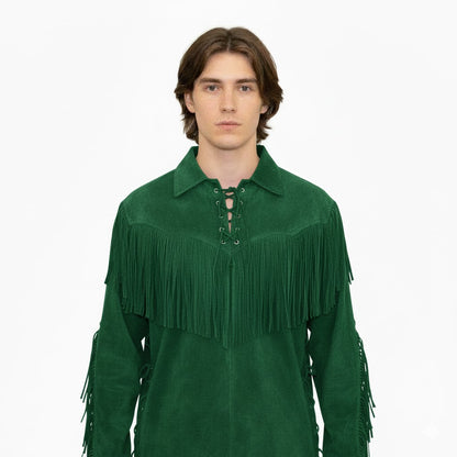 Green fringed shirt worn by a person on a white background