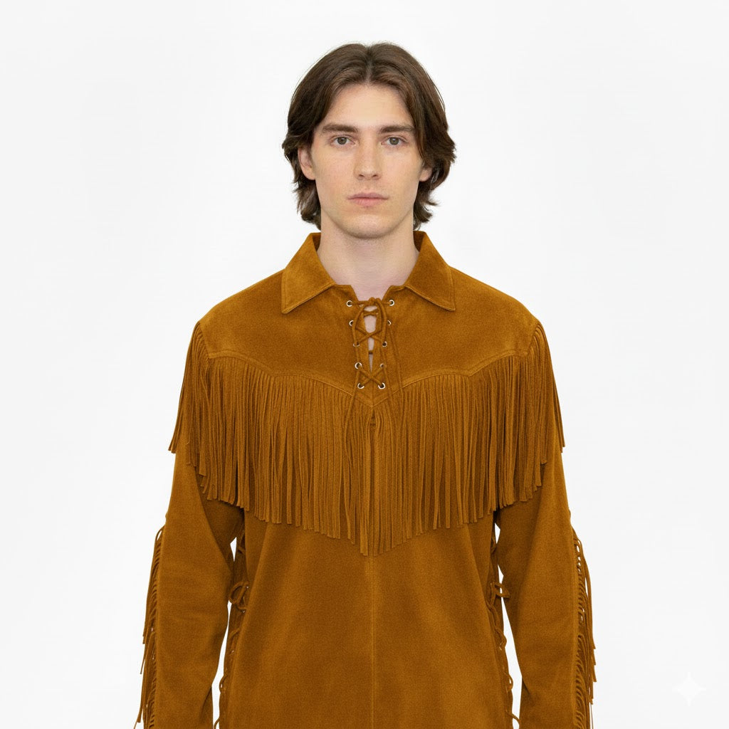 Man wearing a brown suede fringe jacket on a white background