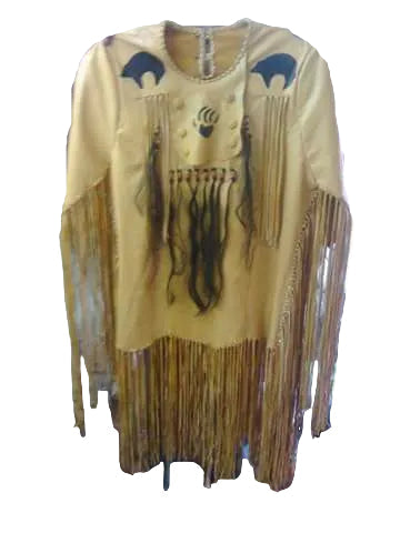Traditional yellow garment with fringe and decorative elements on a white background