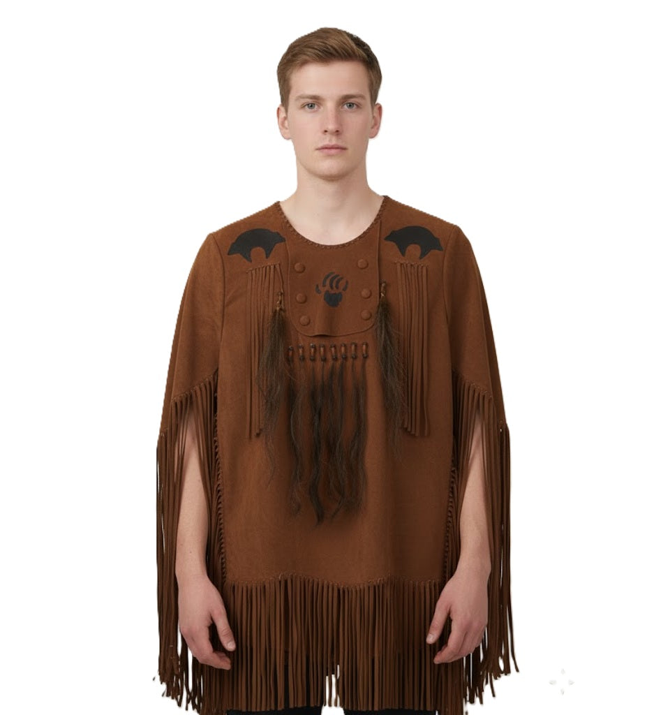 Man wearing a brown fringed Shirt on a white background