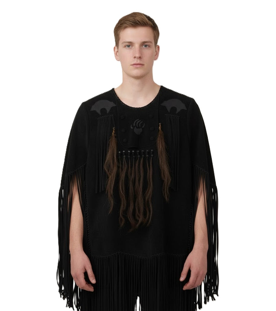 Person wearing a black fringe garment on a white background