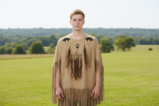 Man wearing a beige fringe Shirt with black and white designs on a Grassy background