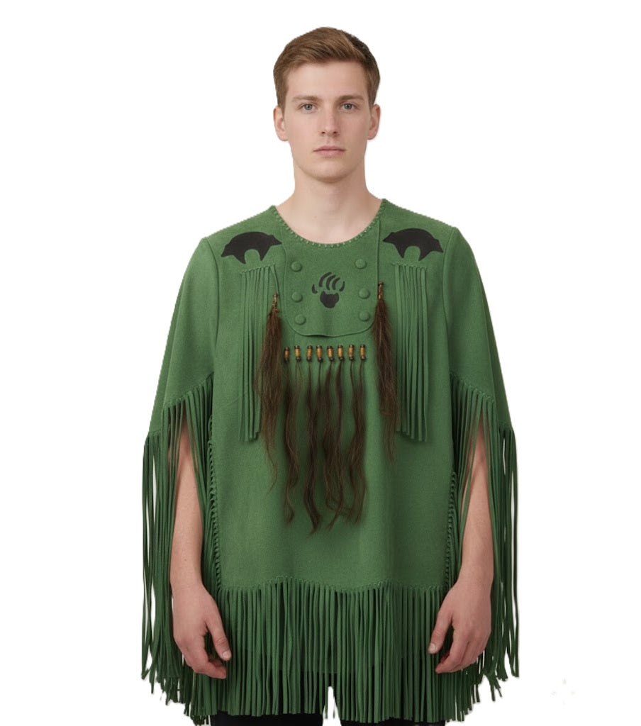 Person wearing a green Shirt with fringe details on a white background