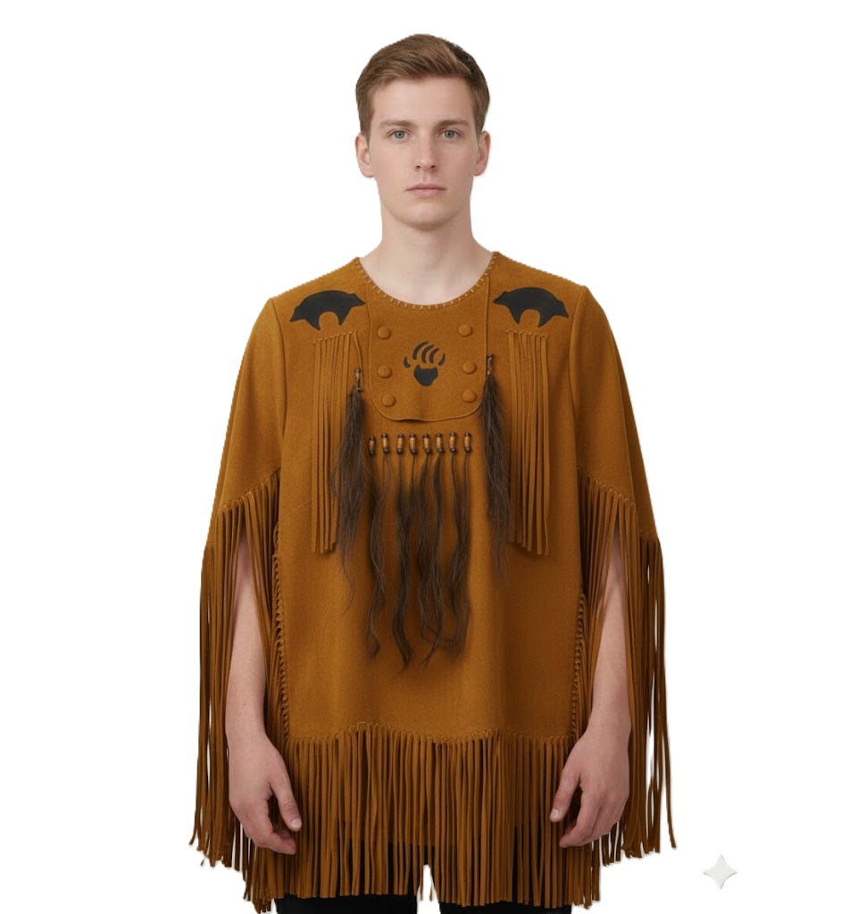 Man wearing a brown fringed Shirt with decorative elements on a white background