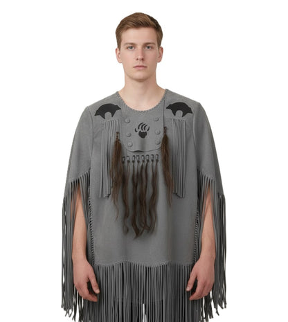 Person wearing a gray Shirt with fringe details on a white background