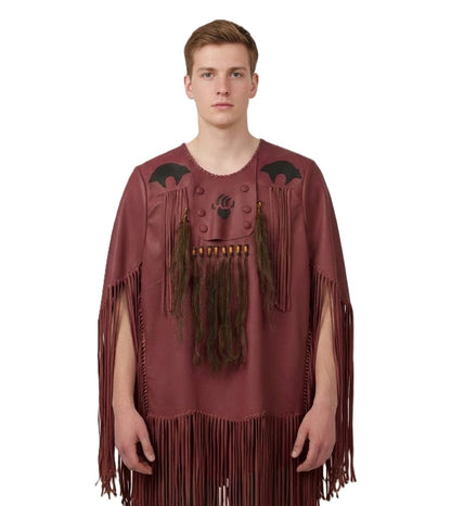 Man wearing a maroon Shirt with fringe details on a white background