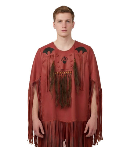 Man wearing a red fringed Shirt with black designs on a white background