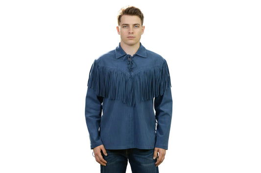 Man wearing a blue fringed shirt on a white background