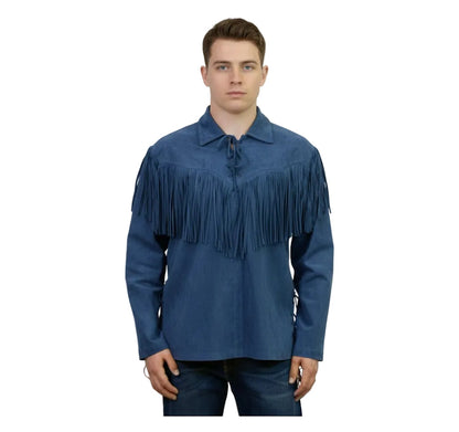Man wearing a blue fringed shirt on a white background