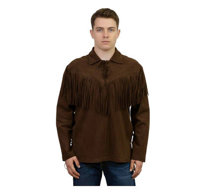Man wearing a brown fringed shirt on a white background