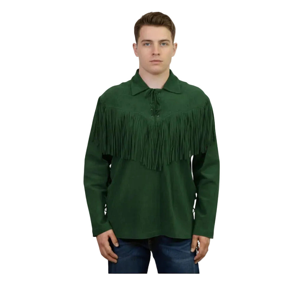 Man wearing a green fringed shirt on a white background