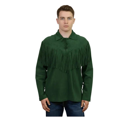 Man wearing a green fringed shirt on a white background