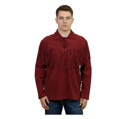 Man wearing a red fringed shirt on a white background