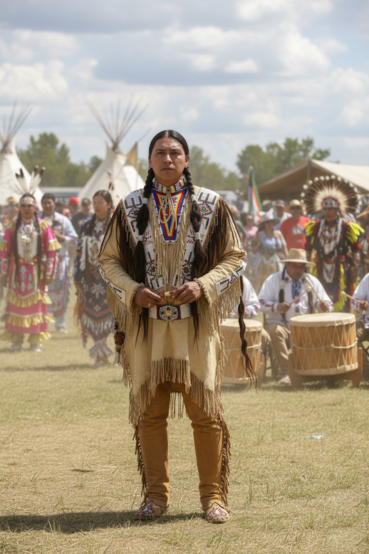 Man in traditional Native American attire at a cultural event with tipis and drums in the background.