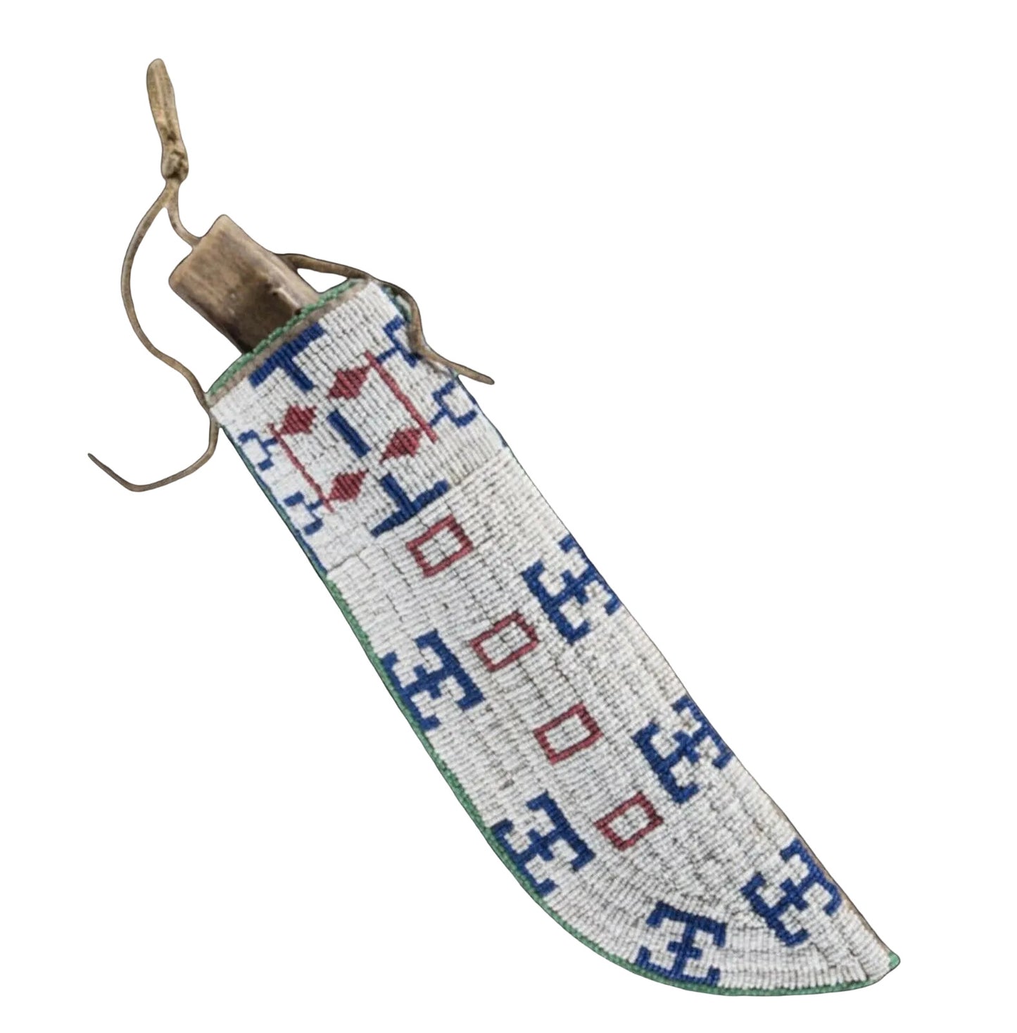 Decorative beaded object with geometric patterns on a dark background