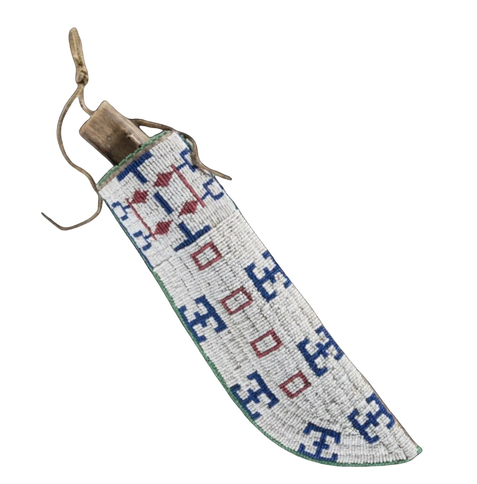 Decorative beaded object with geometric patterns on a dark background