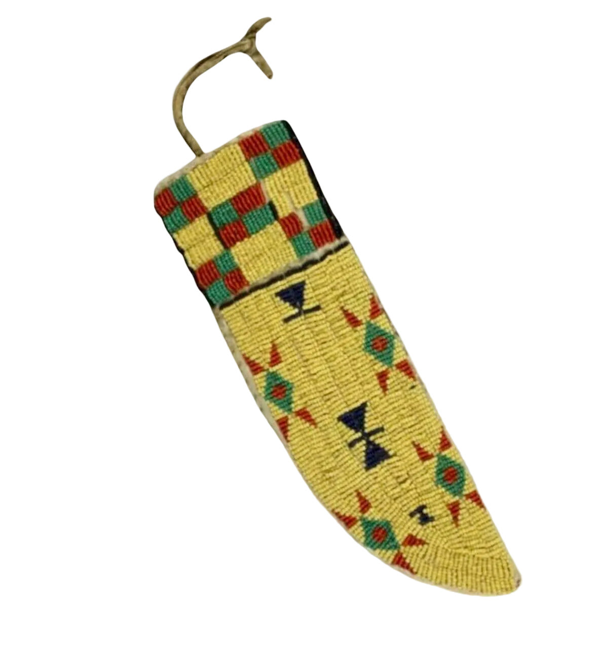 Decorative knife sheath with geometric pattern on a gray background