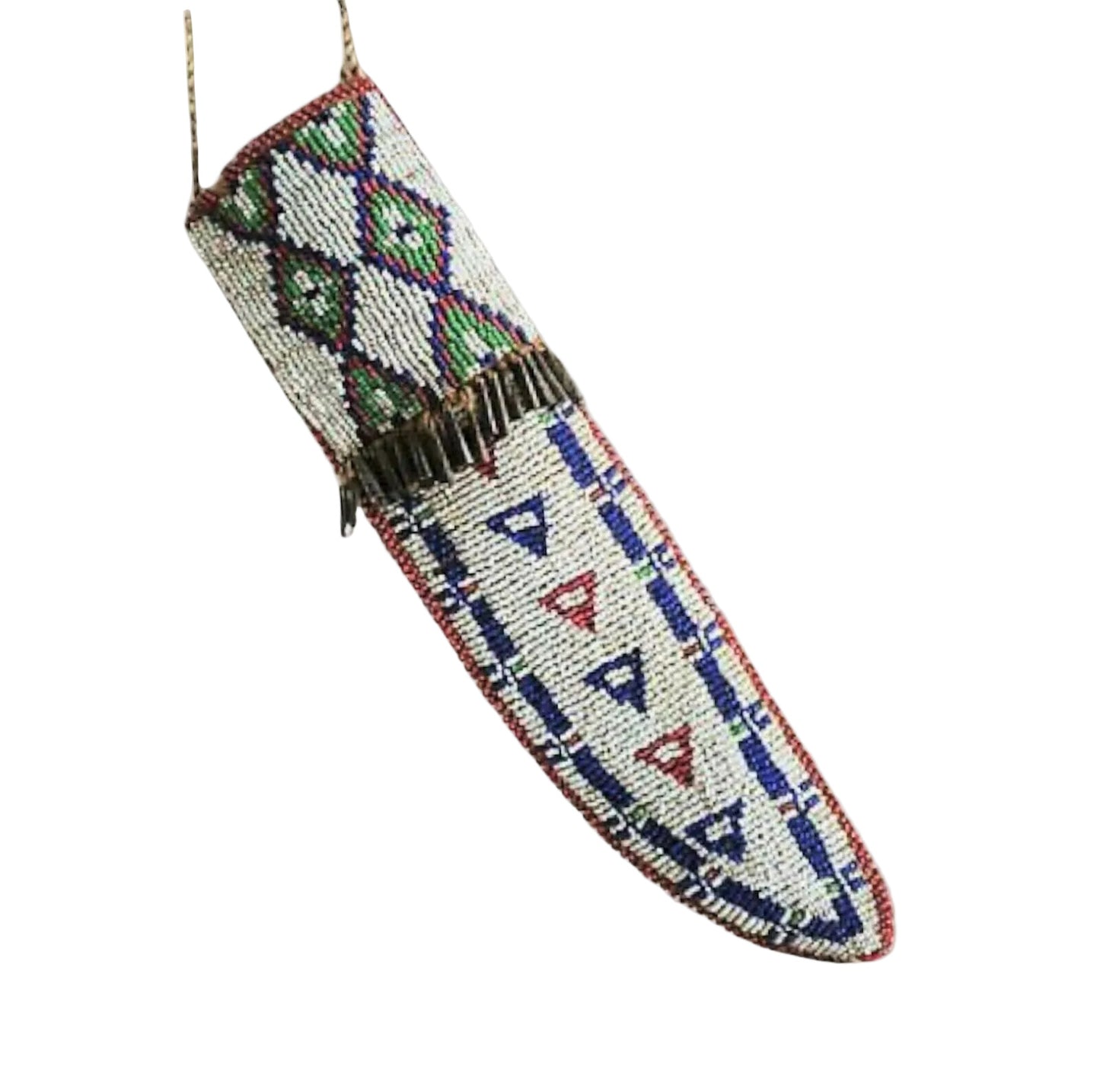 Decorative beaded knife sheath with geometric patterns on a white background