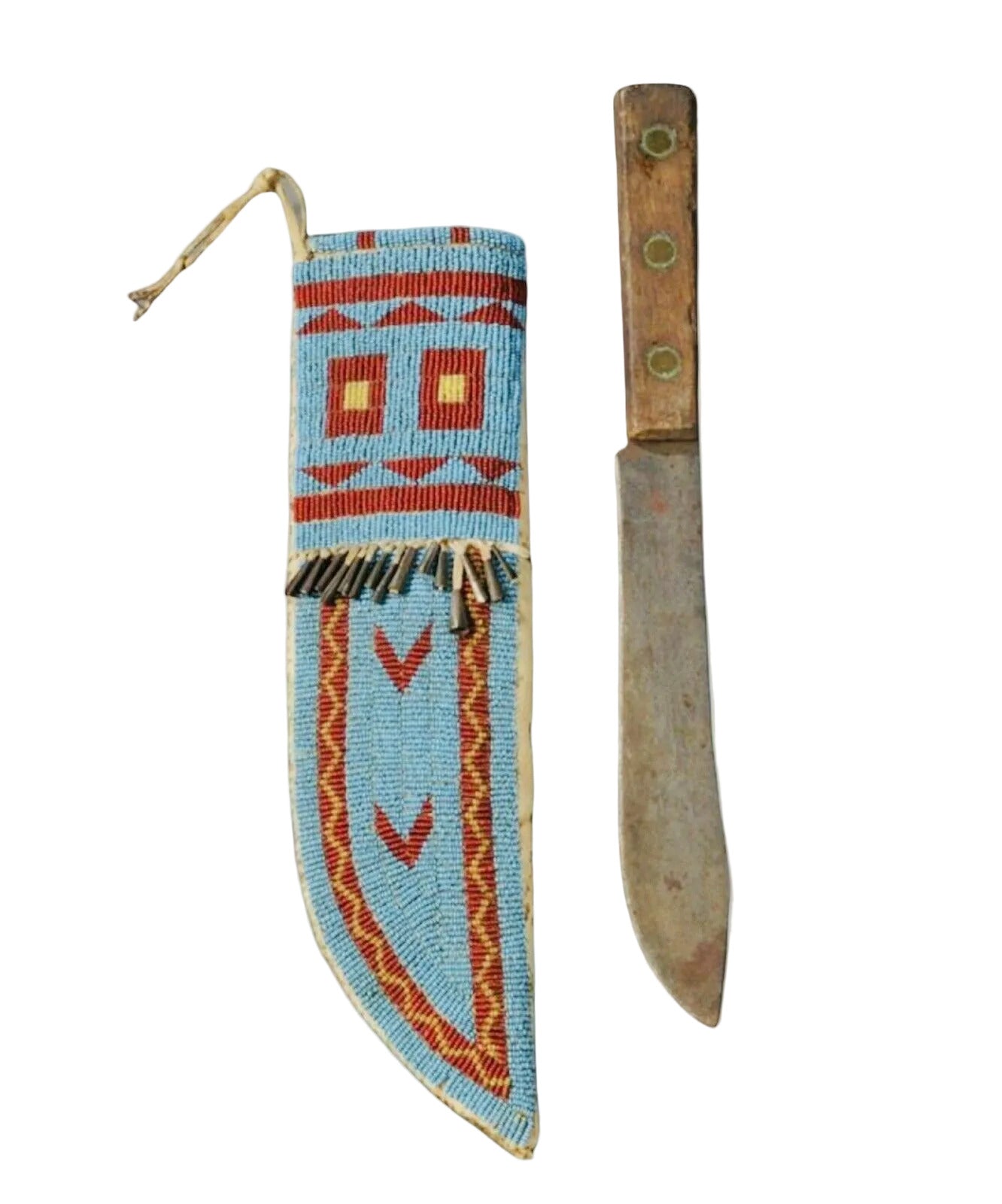 Decorative knife sheath with tribal patterns and a knife on a white background
