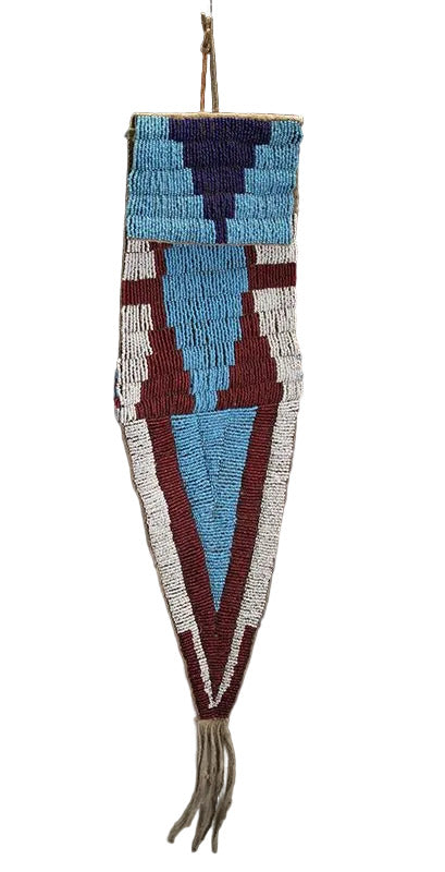 Decorative beaded knife sheath with geometric pattern on a dark background