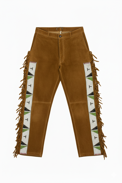 Brown pants with fringe and geometric pattern on a white background
