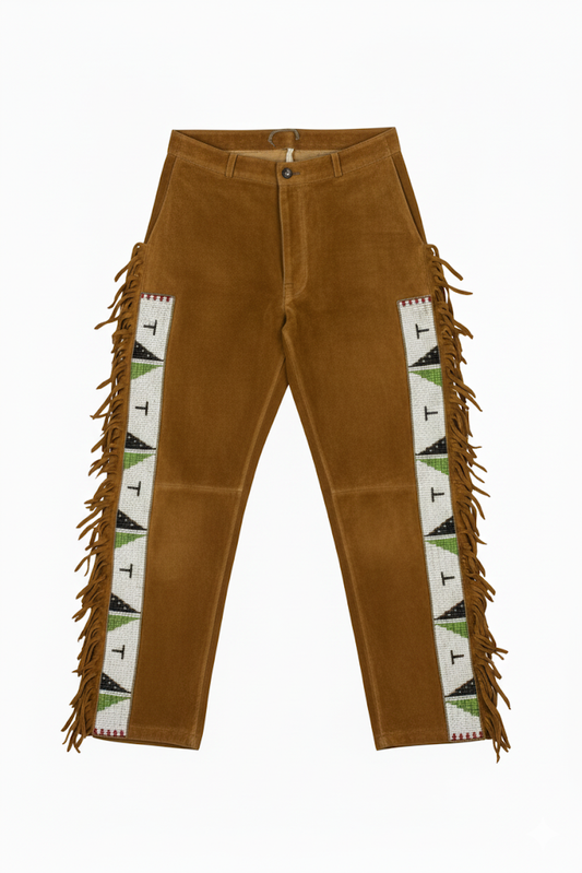 Brown pants with fringe and geometric pattern on a white background