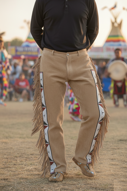 Person wearing traditional fringed pants at a cultural event with blurred background