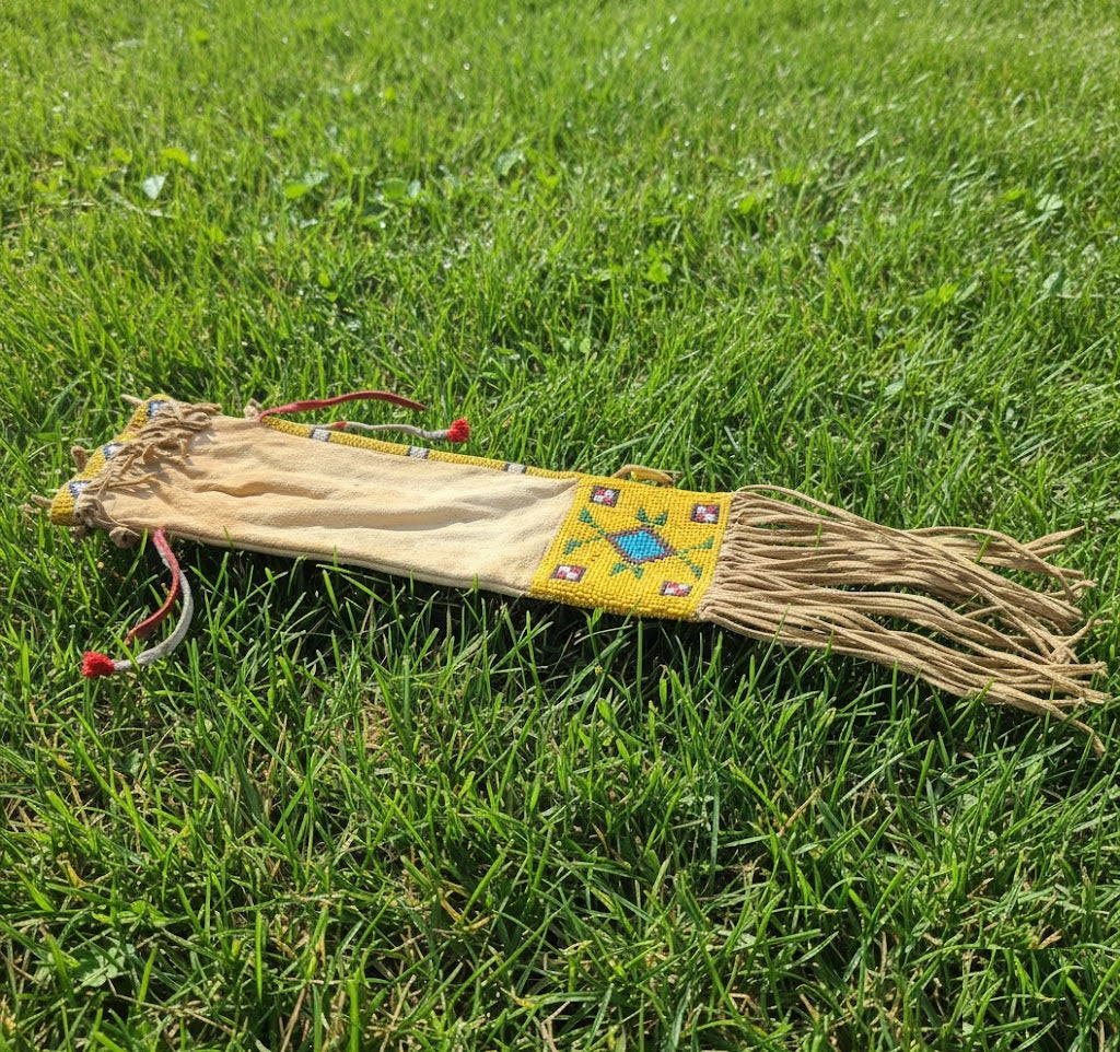 Native American yellow Beaded pipe Bag