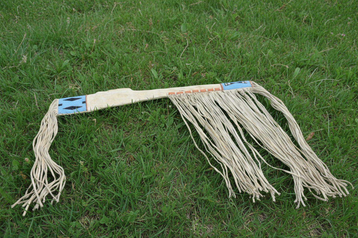 Decorative rifle sheath with fringes and blue decorative elements on a white background