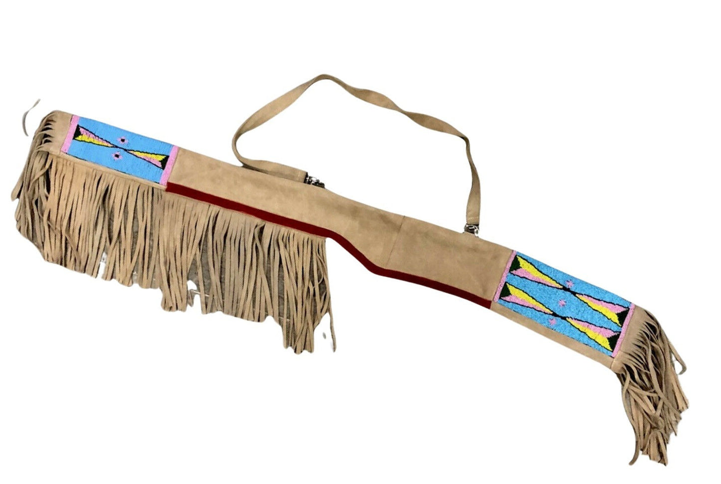 Traditional Native American sheath with fringes and colorful designs on a white background