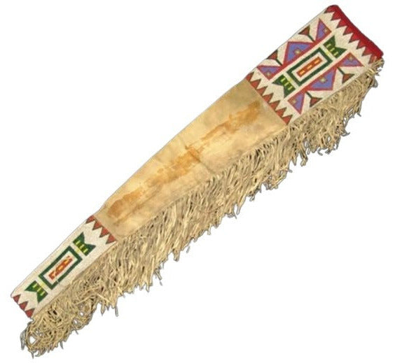Decorative rifle sheath with fringes and geometric patterns on a white background