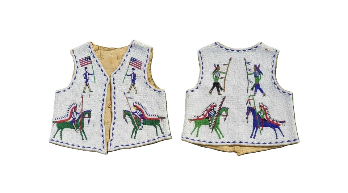 tribal powwow vests with beaded warrior chiefs designs on horses