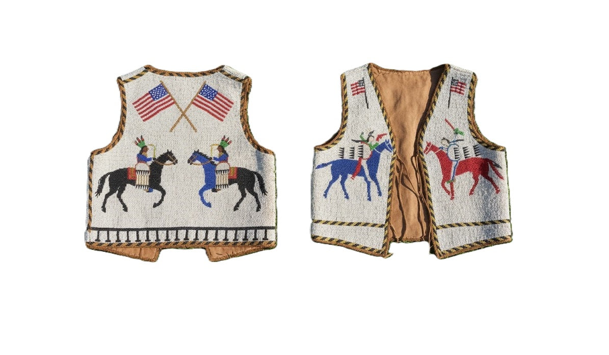 Native American-style vests with horse and flag designs on a white background