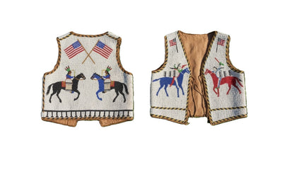Native American-style vests with horse and flag designs on a white background