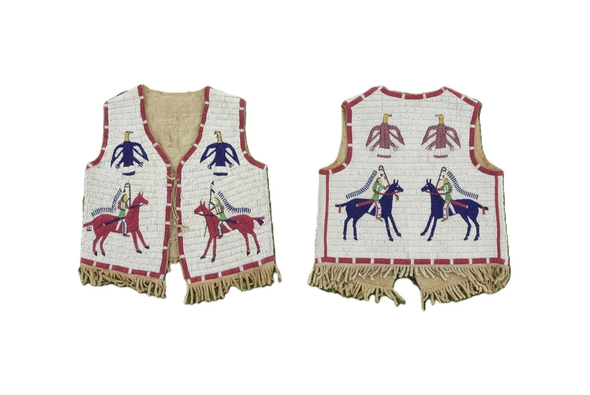 tribal beaded vests with horse designs on a white background