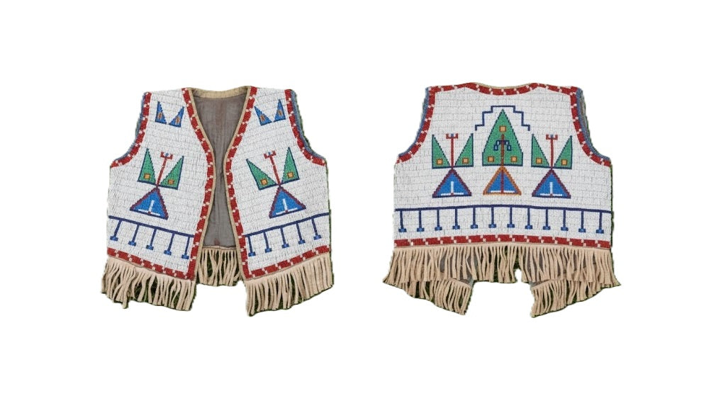 Native American beaded vests with geometric patterns on a white background