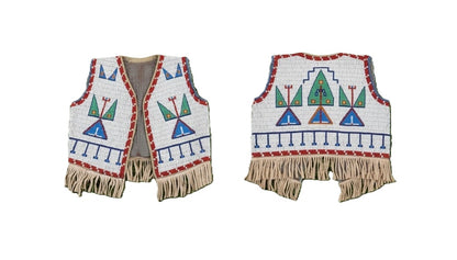 Native American beaded vests with geometric patterns on a white background